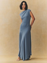 Chambray Blue Short Sleeve Asymmetric Hem Midi Dress - Image 1 of 6
