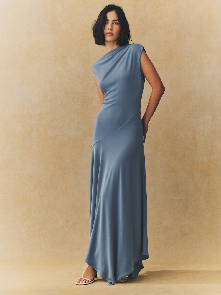 Chambray Blue Short Sleeve Asymmetric Hem Midi Dress - Image 1 of 6