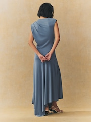 Chambray Blue Short Sleeve Asymmetric Hem Midi Dress - Image 2 of 6