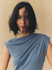 Chambray Blue Short Sleeve Asymmetric Hem Midi Dress - Image 3 of 6