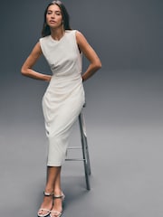 Ecru Sleeveless Column Rouched Midi Dress - Image 1 of 7