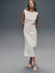 Ecru Sleeveless Column Rouched Midi Dress - Image 2 of 7