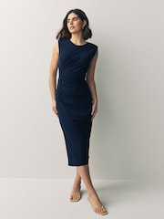 Navy Blue Sleeveless Column Rouched Midi Dress - Image 1 of 7
