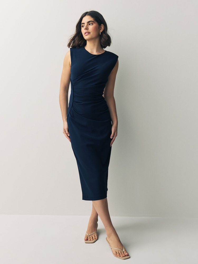 Navy Blue Sleeveless Column Rouched Midi Dress - Image 1 of 7