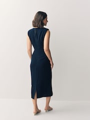 Navy Blue Sleeveless Column Rouched Midi Dress - Image 2 of 7