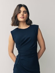 Navy Blue Sleeveless Column Rouched Midi Dress - Image 4 of 7