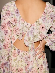 Pink/Purple Vintage Floral Long Sleeve Tie Back Floral Midi Dress - Image 5 of 8