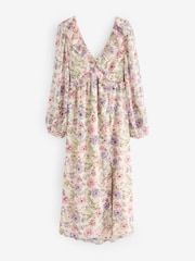 Pink/Purple Vintage Floral Long Sleeve Tie Back Floral Midi Dress - Image 6 of 8