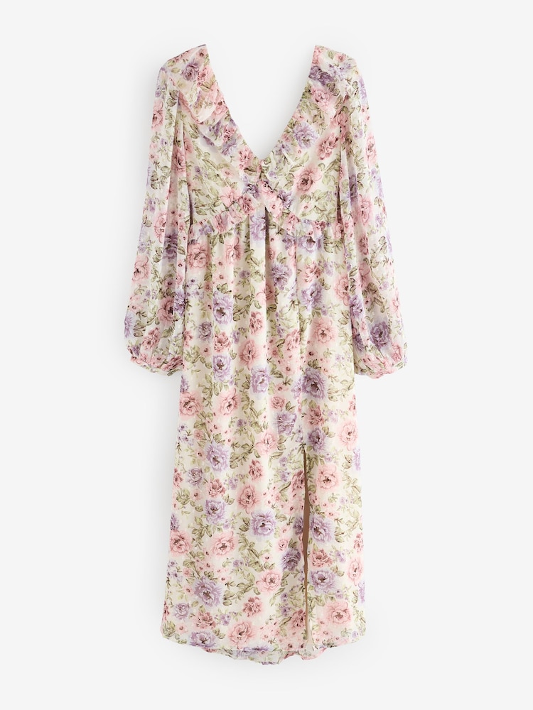 Pink/Purple Vintage Floral Long Sleeve Tie Back Floral Midi Dress - Image 6 of 8