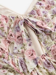 Pink/Purple Vintage Floral Long Sleeve Tie Back Floral Midi Dress - Image 8 of 8
