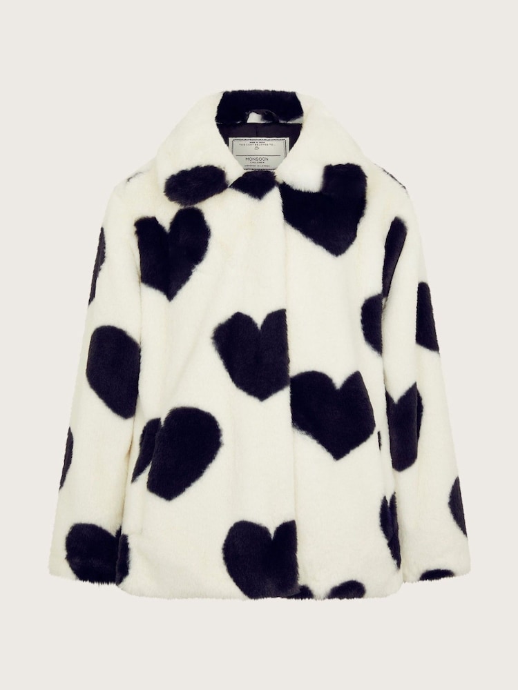 Monsoon Black Heart Print Faux Fur Coat - Image 1 of 3