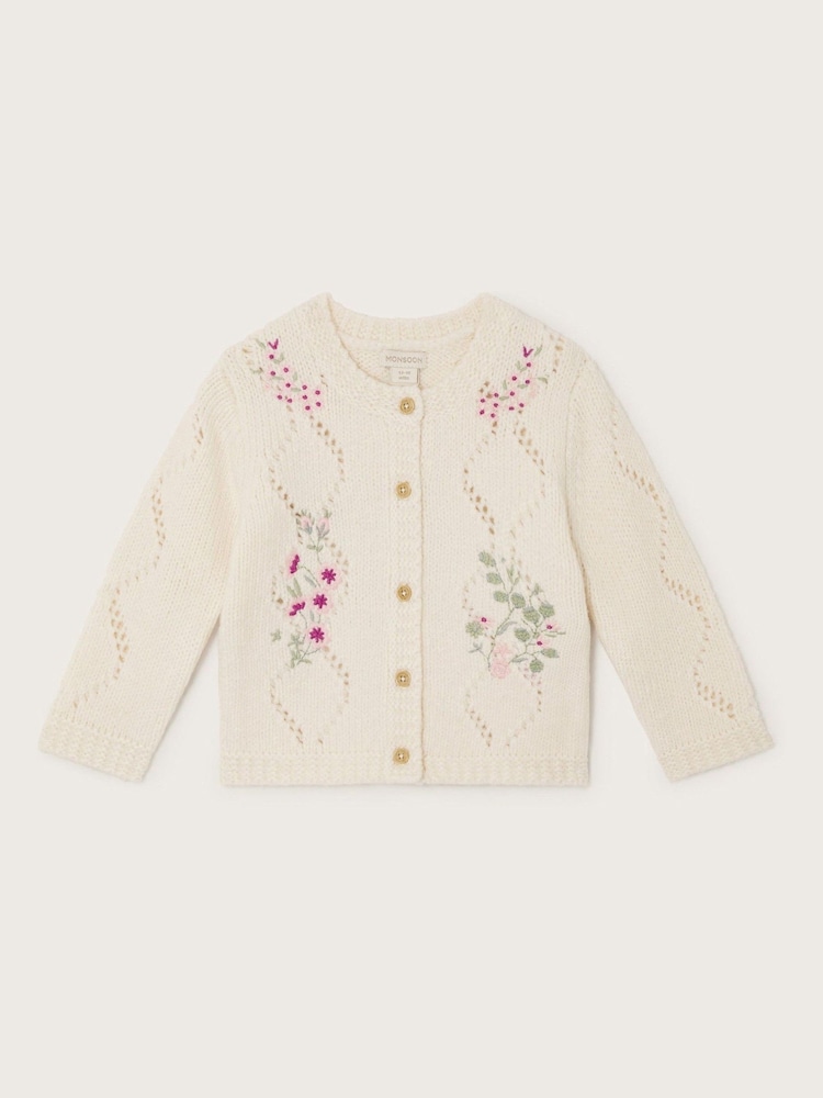 Monsoon Natural Baby Floral Print Embroidered Knit Cardigan - Image 1 of 3