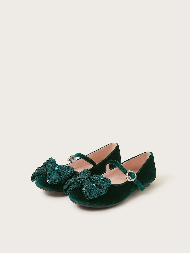 Monsoon Green Sequin Bow Velvet Ballet Flats - Image 1 of 3 Monsoon Green Sequin Bow Velvet Ballet Flats - Image 1 of 3