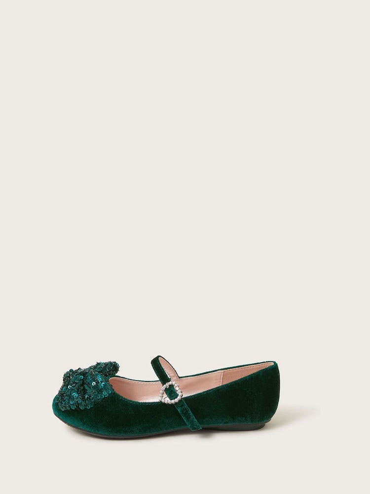 Monsoon Green Sequin Bow Velvet Ballet Flats - Image 3 of 3