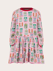 Monsoon Pink Christmas Window Print 100% Cotton Sweatshirt Dress - Image 1 of 3