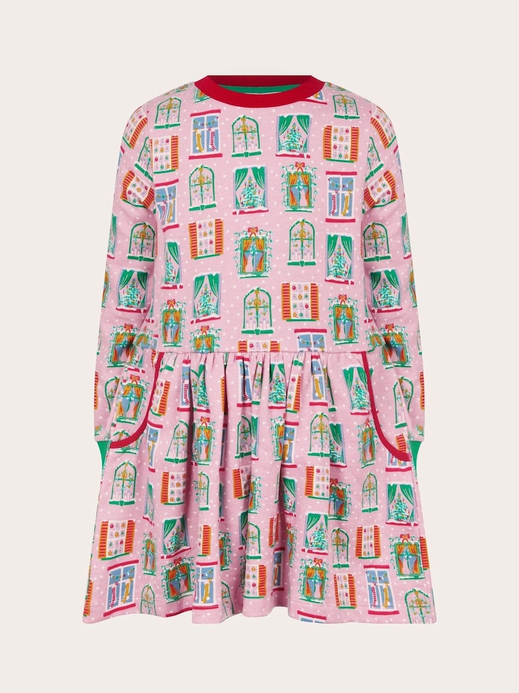 Monsoon Pink Christmas Window Print 100% Cotton Sweatshirt Dress - Image 1 of 3