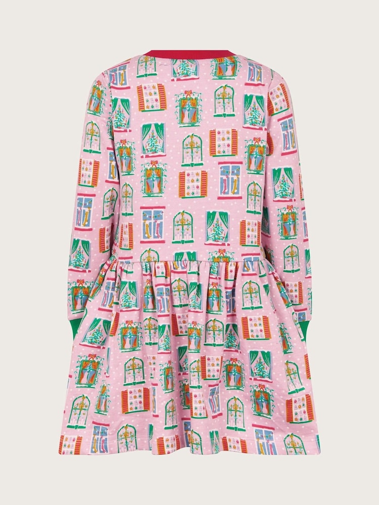 Monsoon Pink Christmas Window Print 100% Cotton Sweatshirt Dress - Image 2 of 3 Monsoon Pink Christmas Window Print 100% Cotton Sweatshirt Dress - Image 2 of 3