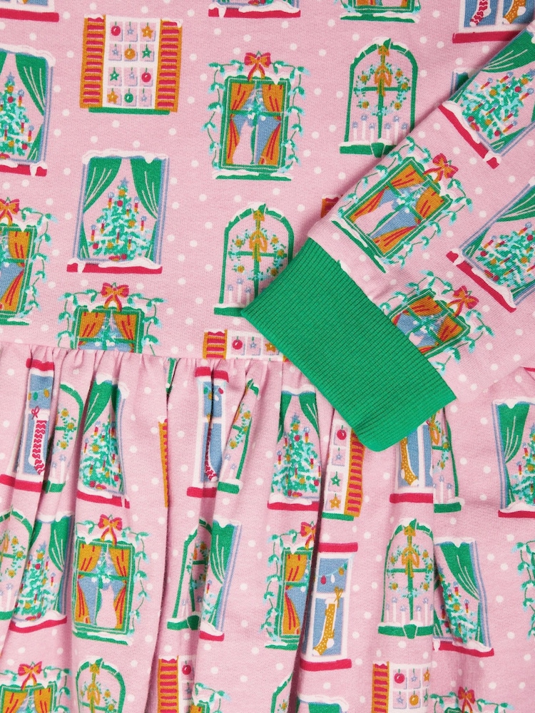 Monsoon Pink Christmas Window Print 100% Cotton Sweatshirt Dress - Image 3 of 3
