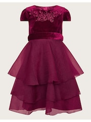 Monsoon Red Mabel Embroidered Velvet Ruffle Dress - Image 1 of 3
