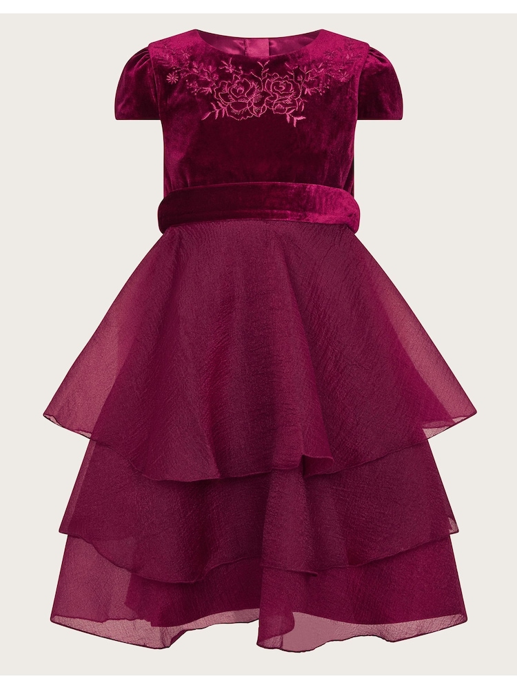 Monsoon Red Mabel Embroidered Velvet Ruffle Dress - Image 1 of 3