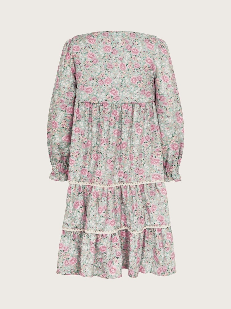 Monsoon Green Long Sleeve Floral Frill Dress - Image 2 of 3
