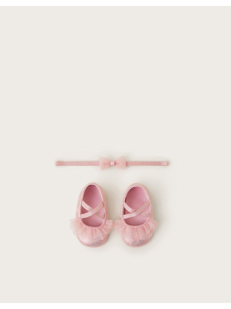 Monsoon Pink Baby Ruffle Flats and Bow Headband Set - Image 1 of 3