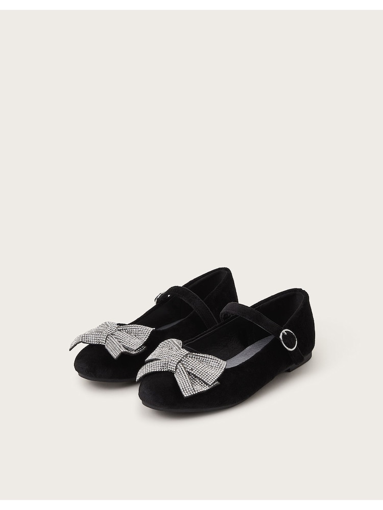 Monsoon Black Diamante Bow Velvet Ballet Flats - Image 1 of 7