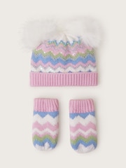 Monsoon Pink Baby Sara Zig-Zag Beanie and Mittens Set - Image 1 of 3