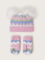 Monsoon Pink Baby Sara Zig-Zag Beanie and Mittens Set - Image 2 of 3