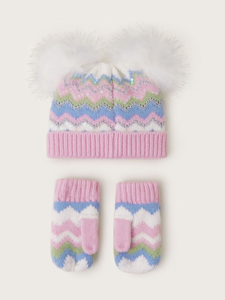 Monsoon Pink Baby Sara Zig-Zag Beanie and Mittens Set - Image 2 of 3