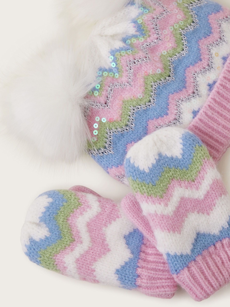 Monsoon Pink Baby Sara Zig-Zag Beanie and Mittens Set - Image 3 of 3