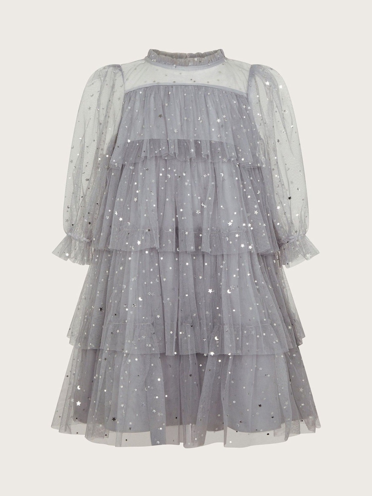 Monsoon Grey Foil Star Tulle Tiered Dress - Image 1 of 7