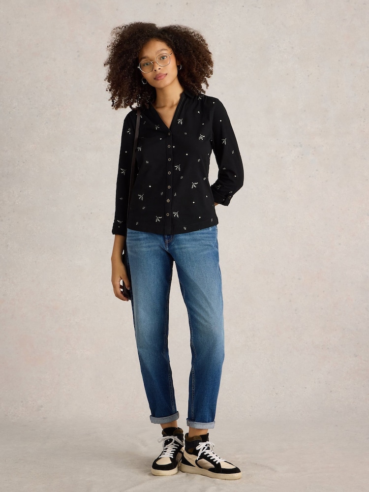 White Stuff Black 100% Cotton Annie Embroidered Shirt - Image 1 of 6