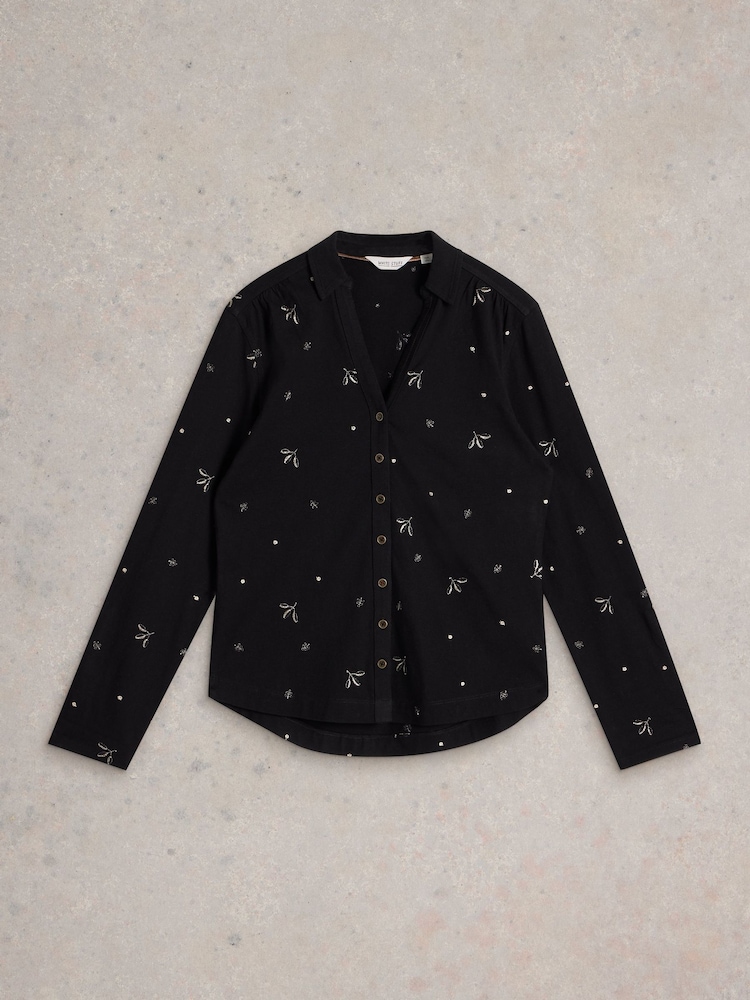 White Stuff Black 100% Cotton Annie Embroidered Shirt - Image 6 of 6
