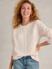 White Stuff Natural Patchwork Cable Jumper - Image 3 of 6