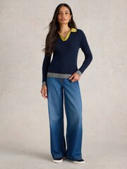 White Stuff Blue 100% Organic Cotton Rib Collar Jumper - Image 1 of 6