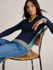 White Stuff Blue 100% Organic Cotton Rib Collar Jumper - Image 3 of 6