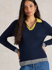 White Stuff Blue 100% Organic Cotton Rib Collar Jumper - Image 4 of 6