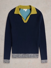 White Stuff Blue 100% Organic Cotton Rib Collar Jumper - Image 5 of 6