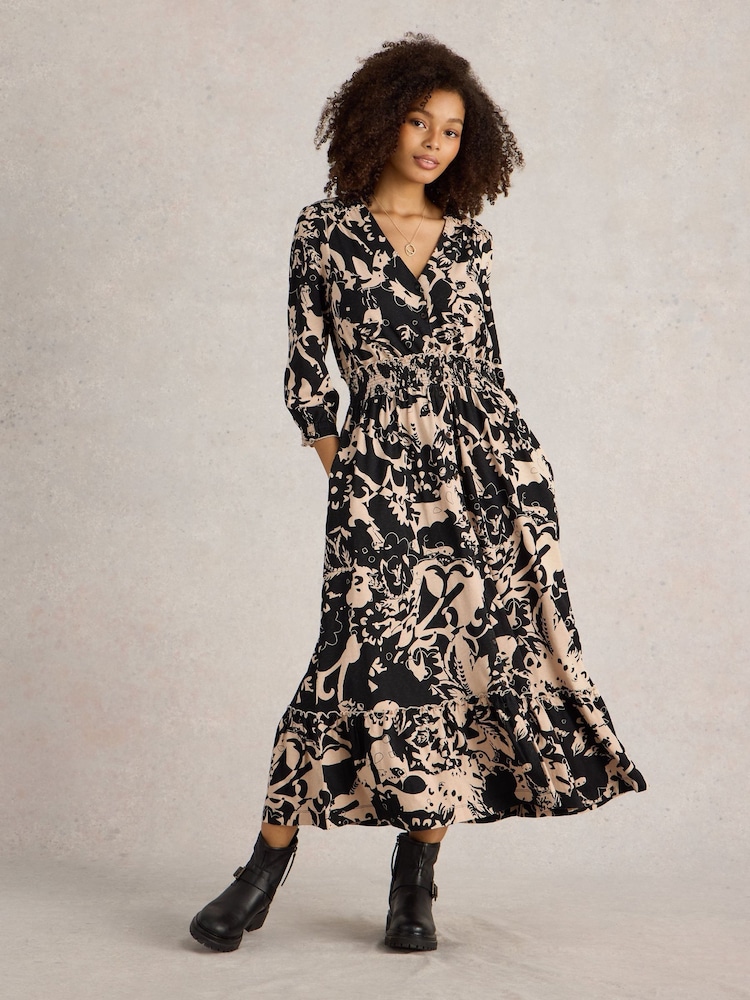 White Stuff Black 100% Cotton Jonie Shirred Jersey Dress - Image 1 of 6