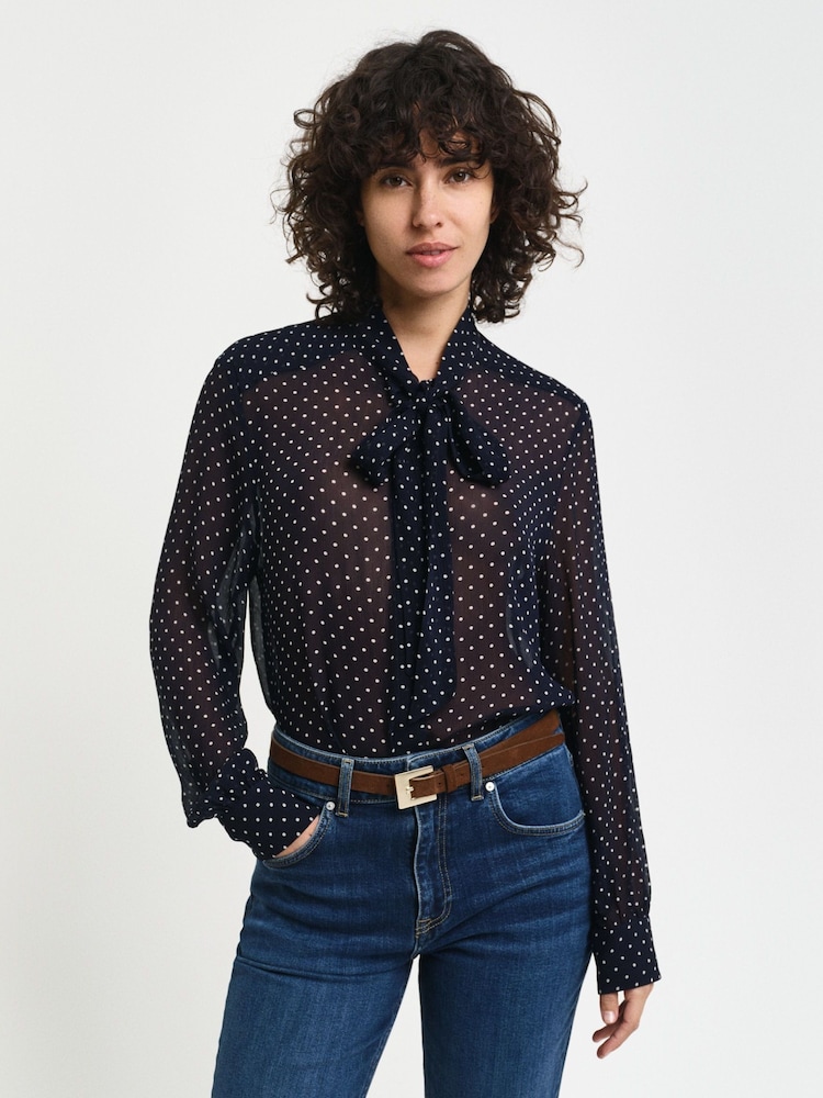 GANT Blue Regular Dot Print Bow Blouse - Image 1 of 4