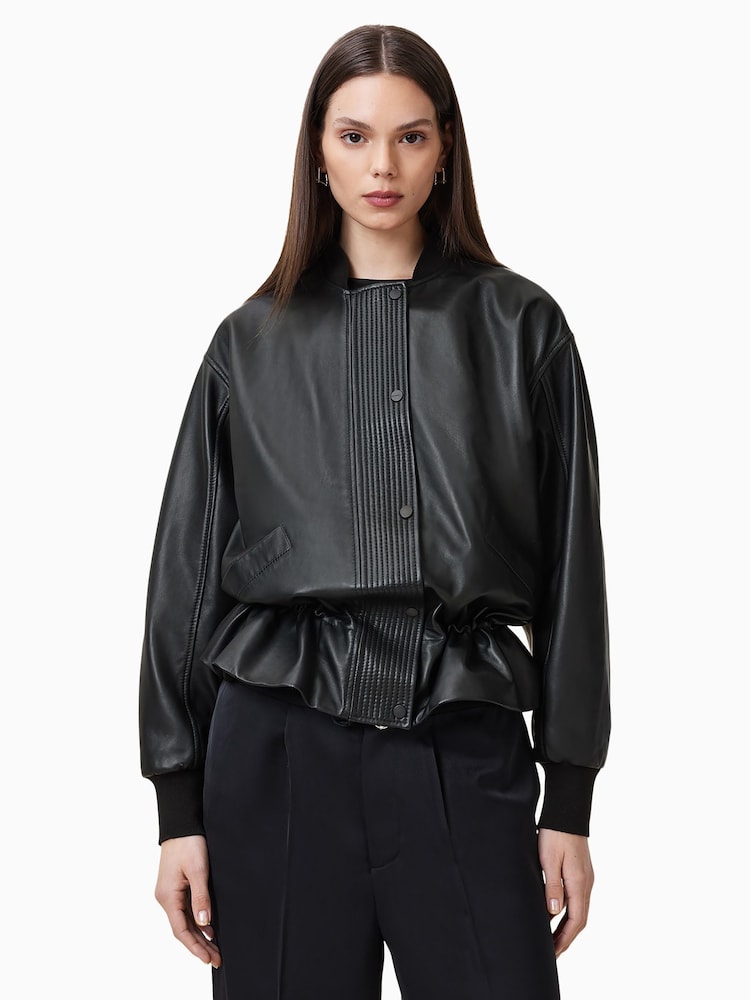 AllSaints Black Sofi Leather Bomber Jacket - Image 2 of 8