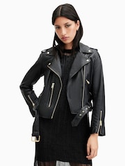 AllSaints Black/Gold Balfern Biker Jacket - Image 1 of 6