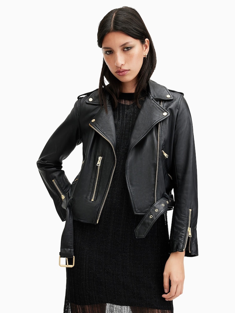 AllSaints Black/Gold Balfern Biker Jacket - Image 1 of 6
