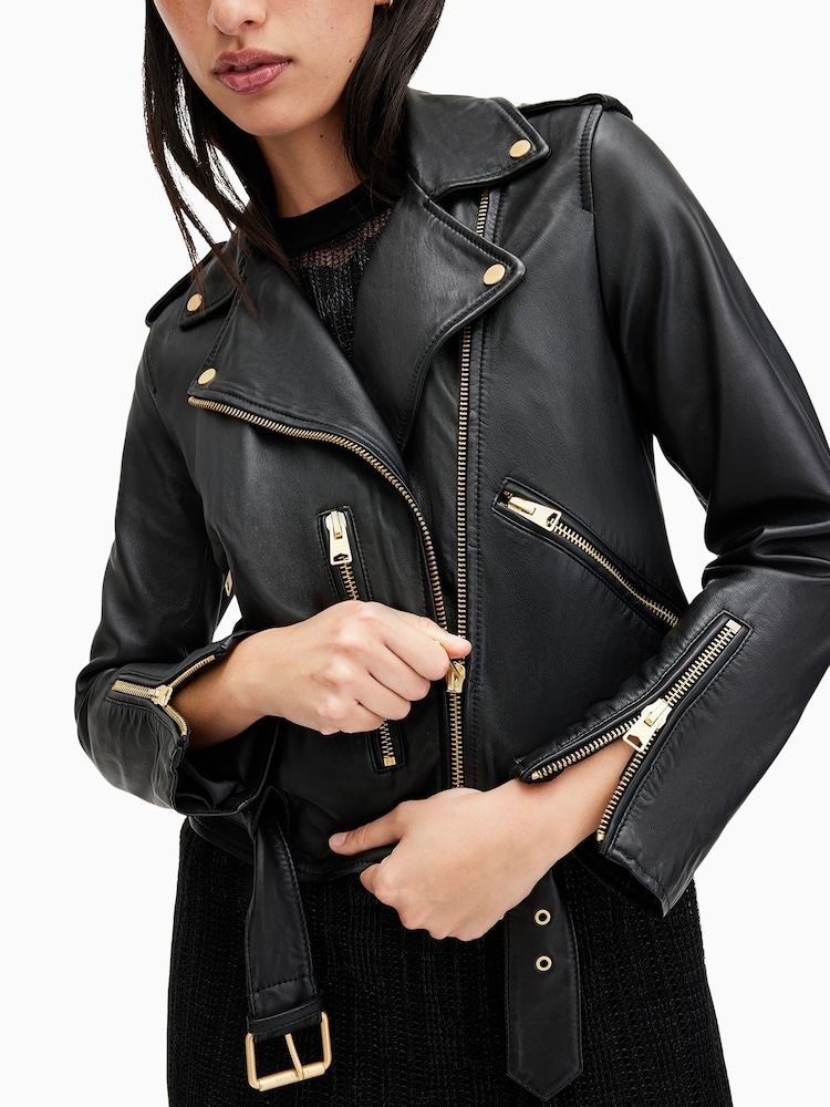 AllSaints Black/Gold Balfern Biker Jacket - Image 2 of 6