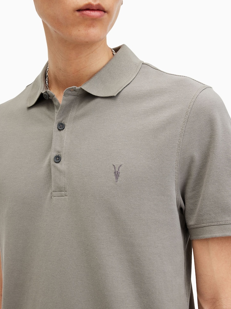 AllSaints Grey Reform Short Sleeve Polo Shirt - Image 2 of 5 AllSaints Grey Reform Short Sleeve Polo Shirt - Image 2 of 5