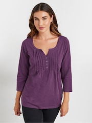 Long Tall Sally Purple 3/4 Sleeve Pintuck Henley 100% Cotton Top - Image 1 of 5
