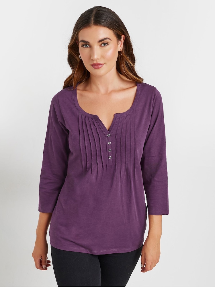 Long Tall Sally Purple 3/4 Sleeve Pintuck Henley 100% Cotton Top - Image 1 of 5