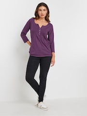 Long Tall Sally Purple 3/4 Sleeve Pintuck Henley 100% Cotton Top - Image 2 of 5