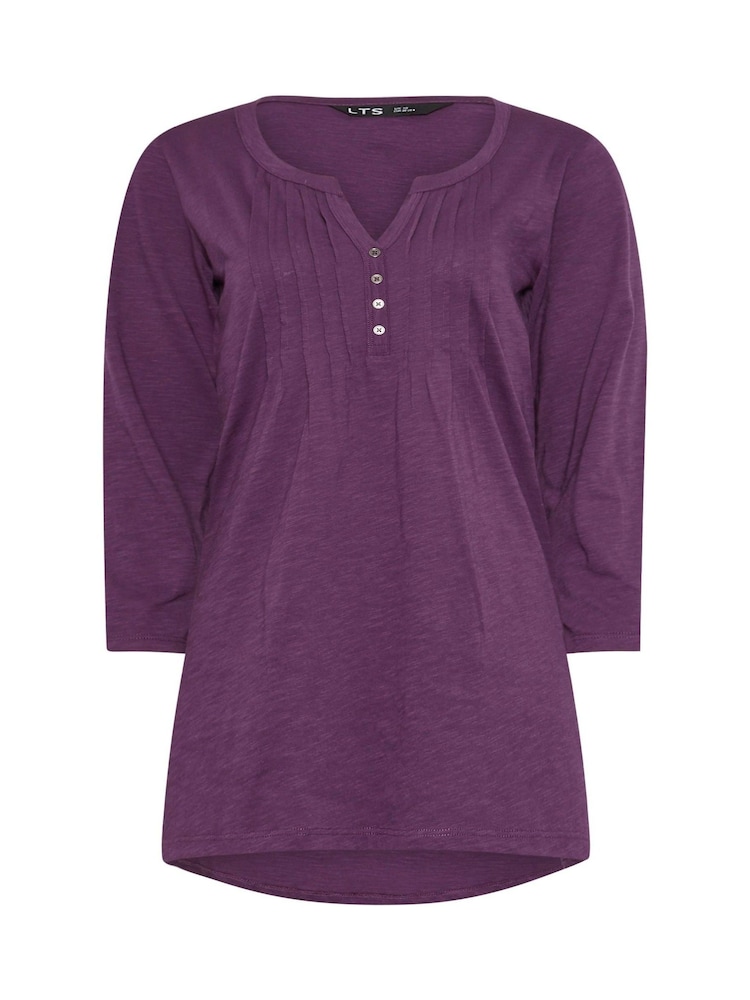 Long Tall Sally Purple 3/4 Sleeve Pintuck Henley 100% Cotton Top - Image 5 of 5